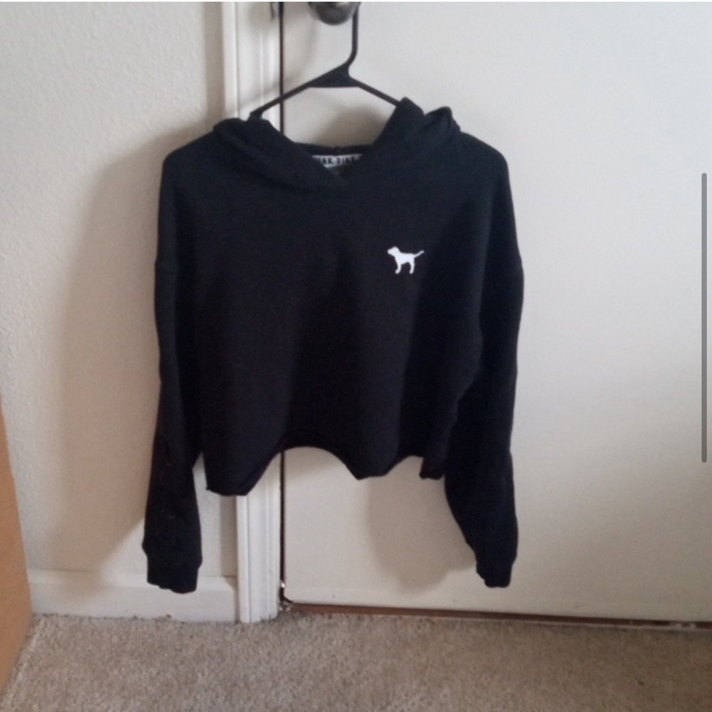 PINK hooded Sweatshirt black laced cropped hoodie gym beach pool Victoria’s - Picture 3 of 8